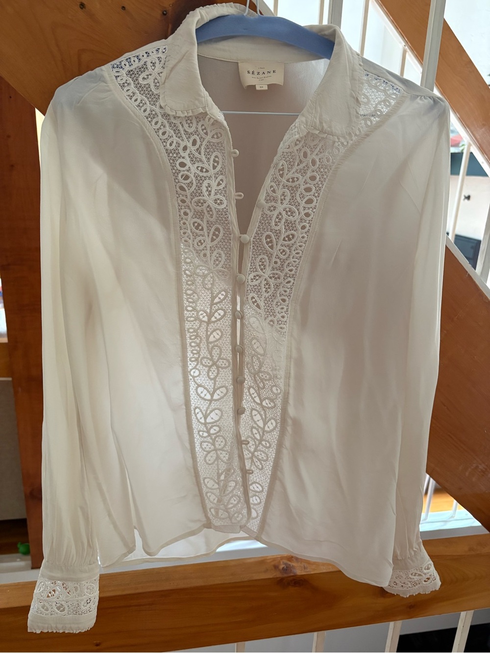 Sezane ecru lace-trim silk blouse